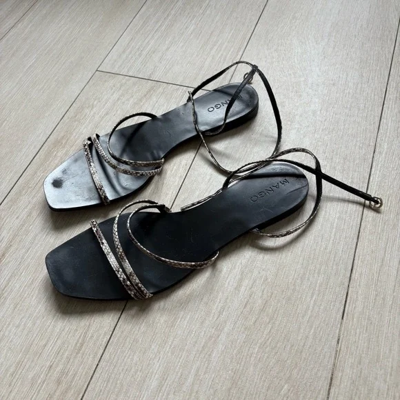 Mango White and Gray Snakeskin Sandals Elegant Strappy Design - Picture 4 of 5